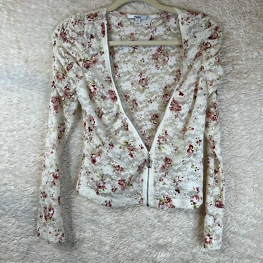 Papaya Womens Jacket Coverup Beige Floral Puff Sleeve Full Zipper Stretch Lace M